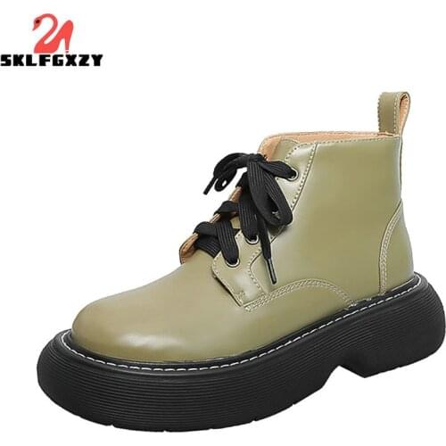 SKLFGXZY Women Shoes Boots Ankle 2021 Autumn British Wind Genuine Leather Thick with Ladies Short Boots Motorcycle Martin