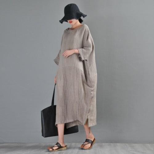 2020 summer new literature and art RETRO loose large linen texture dress round neck bat sleeve lantern skirt