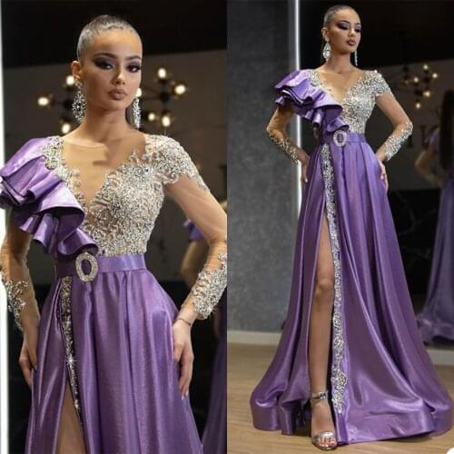 Women Dress Purple Sexy Deep V Neck Summer Dress Long Sleeve Bandage Tight Dress Party Casual Basic Beaded Gown