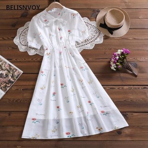 Mori Girl Chic Midi Dress Autumn Spring V-neck Bow Floral Printed Sweet Party Vestidos Chiffon Elegant Ruffles Female Midi Dress