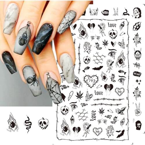 1pcs 3D Nail Stickers Black Snake Skull Spider Adhesive Sliders Clown Anime Decals Halloween Nail Art Decoration LAF792-F794