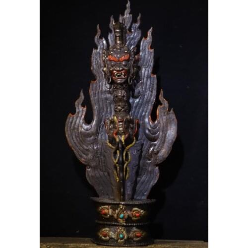 20" Tibet Buddhism Temple Tiantie Tracing Horse head Vajra 3-sided Mahakala head statue Dorje Vajra Phurba Dagger Holder