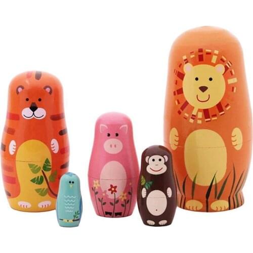 5Pcs Cute Wooden Cartoon Animal Russian Nesting Dolls Toys for Children Kid Gift Home Decor Hand Painted Crafted Doll Home Decor