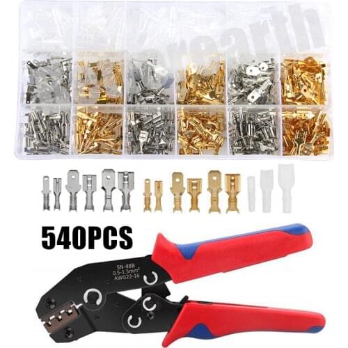 540pcs 2.8/4.8/6.3mm Crimp Terminals Seal Electrical Wire Connectors Spade Crimp Terminal Connector Set with Crimper Plier