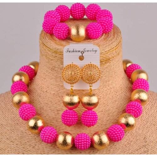 Fuchsia pink african jewelry set simulated pearl necklace nigerian wedding set FZZ70