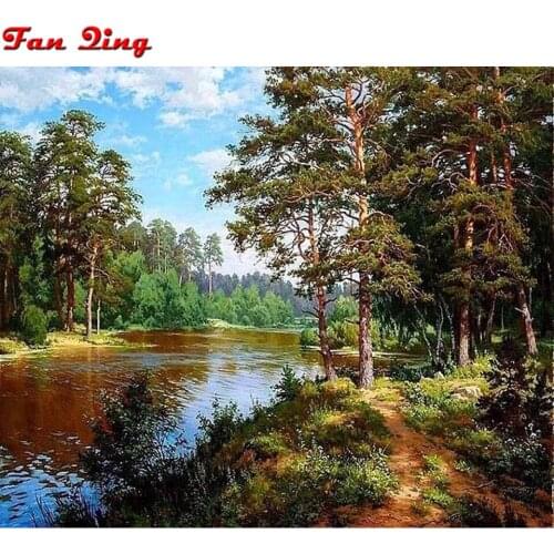 New Full Diamond 5D DIY Diamond Painting River & forest Embroidery Cross Stitch Rhinestone Mosaic Natural scenery Decor Gift