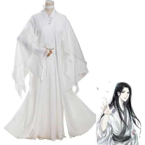 Anime Tian Guan Ci Fu Cosplay Xie Lian Costume Han Fu Crown Prince Full Set Antiquity White Kimono Shoes Boots Wigs Hair