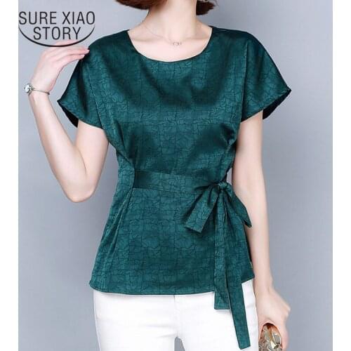 Summer Tops and Blouse Fashion Style Plain Satin Jacquard Chiffon Shirt Summer New All-match Bow Tie Top Chemisier Femme 9979