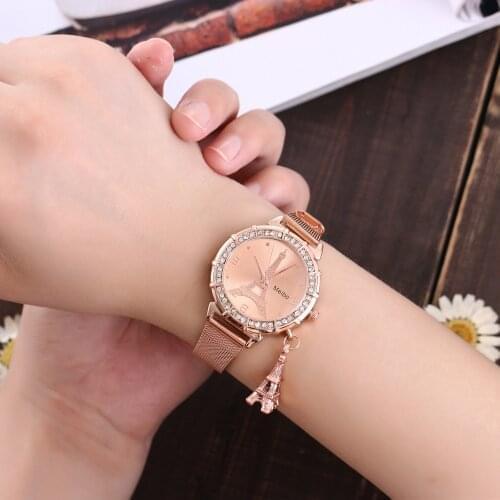 Meibo Fashion Women Eiffel Tower Stainless Steel Quartz Wrist Watch Rhinestone Watch Ladies Quartz Wrist Watch Bracelet Set