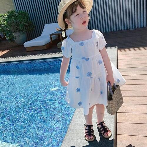 Summer Baby Girl Floral Embroidery Print A-Line White Dress Toddler Kids Loose Short Sleeve Square Collar Cute Princess Dress