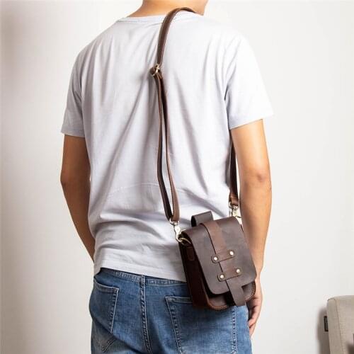 Summer lightweight mens cowhide waist bag shoulder messenger bag small bag Crazy horse leather locomotive small bag backpack