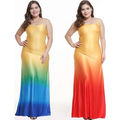 Fashion Gradient Suspender Summer Plus Size 5xl Beach Women Dress Loose Long Sleeveless Sexy Spaghetti Rayon Party