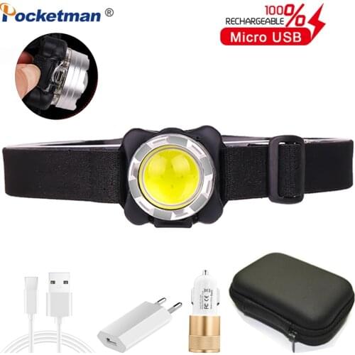 Pocketman COB LED Headlamp USB Rechargeable Headlight with Built-in Battery Red/White Light Head Lamp Waterproof Head Light
