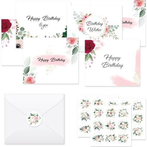 52pcs Sweet Flowers Kraft Gift Cards Happy Birthday Wishes Greeting Cards Envelopes Girls Baby Shower Birthday Party Stickers
