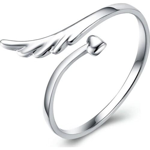 Hot Style silver color rings angel wings high end mirror surface heart woman open design classic fine jewelry