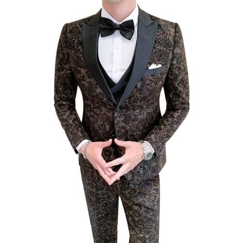 Luxury Blazer Mens 3 Pcs Set British Style Printing Plant Flowers Banquet Dress Mens Suit Three Piece Coat Pants Vest