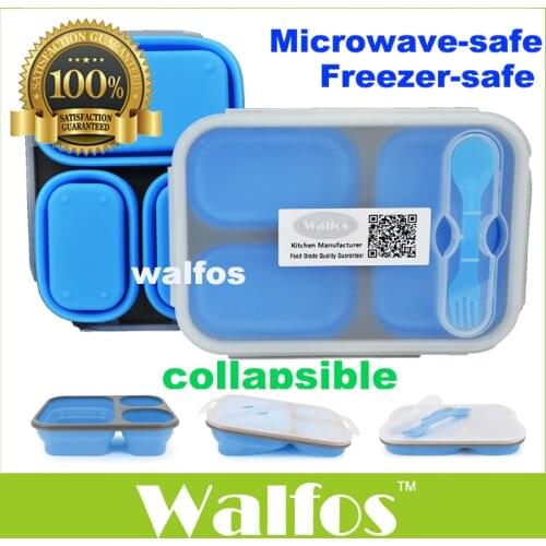 WALFOS Food Grade Silicone Microwave 3-Compartments Bento Lunch Box Set For Kids Lunchbox Microwaveable Bento Box For Adults