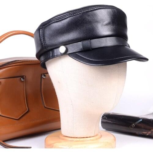 Womens Mens Genuine leather Black Unisex Leisure cap Military Newsboy Army Flat Hats/Caps