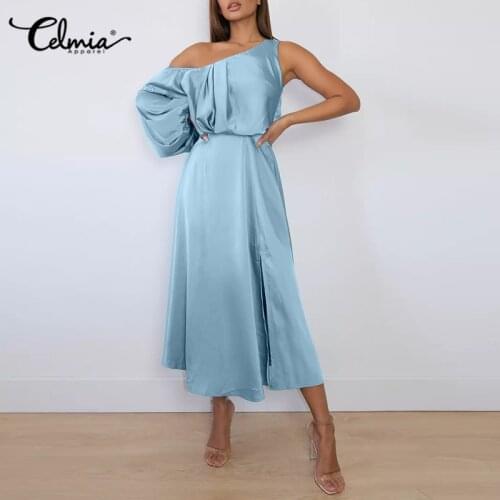 Women Elegant One Shoulder Satin Casual Long Dress Celmia Lantern Sleeve Maxi Sundress 2021 Fashion Pleated Split Party Dresses