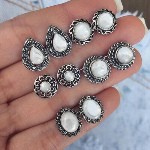 10 Pcs/Set Vintage Female Earrings Flower Drop Round Crystal Geometry Stud Earring Set Bohemian Women Party Jewelry Accessories