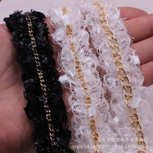 10Yards Gold Beaded Chain Lace Trim Doll Ribbon Vintage Fabric Paillette Lace Wedding Dress Dentelle Applique Sewing Accessories