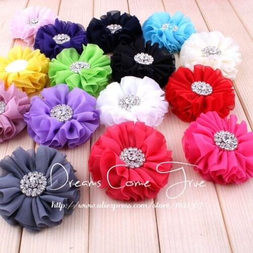200pcs/lot 6.5CM 15 Colors Excellent Quality DIY Soft Chic Beautiful Fabric Chiffon Rhinestone Flower Accessories For Baby Girls