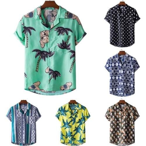 2021 New Arrival Men Loose Shirt Ethnic Style Print Short Sleeve Stand Collar Casual Tops Streetwear Men Hawaiian Shirts