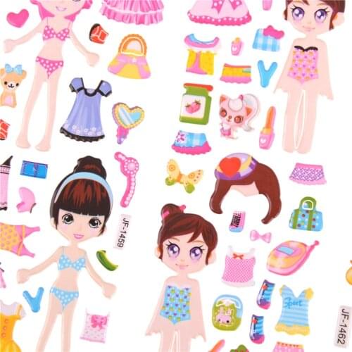 5 sheets Cartoon Beauty Dress Up Little Girl Loves PVC Stickers Lovely Kids Dress Up Stickers For girl toys gifts