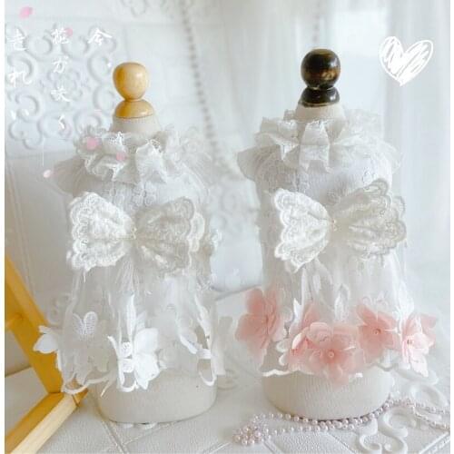 Free Shipping Handmade Dog Clothes Pet Dress 100%Cotton Outfit White Pearls Lace Tulle 3D Flowers Fairy Party Princess Yorkie