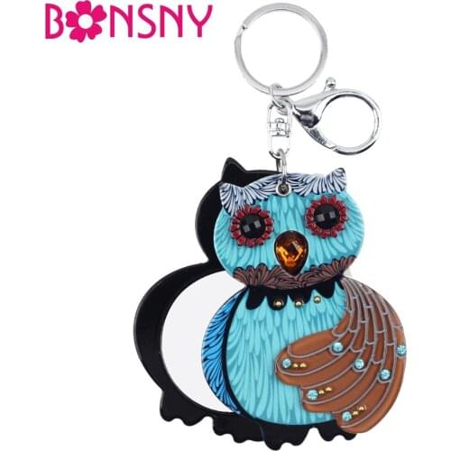 Bonsny Statement Acrylic Novelty Owl Key Chains Make Up Mirrors Key Ring For Women Girl Ladies Bag Charm Fashion Jewelry Bulk
