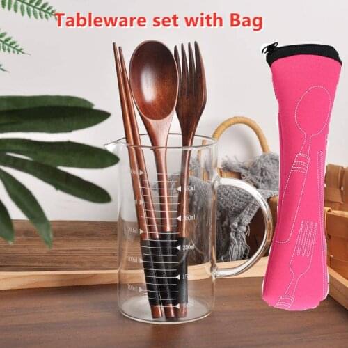 Wooden Tableware With Portable Dishes Tableware Bag Cutlery Case Household Utensils Dinnerware Storage Bag Kitchen Accessories