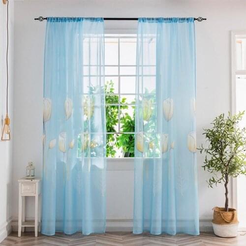 European Window Purple blue Tulip Embroidered Bedroom Curtains Floral Sheer Voile Romantic Pink Living Room Curtians Tulle