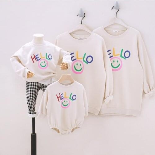2021 NEW Family of Four Family Matching Outfits HELLO Sweatshirt Tees Baby Romper+Hat Family Looking Sweatshirts Long Sleeve Set