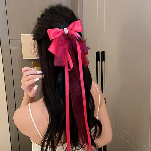 Korean Ribbon Gauze Yarn Spring Hair Clips for Women Bowknot Rhinestone Pearl Simple Super Fairy Fresh Hairpin Hair Accessories