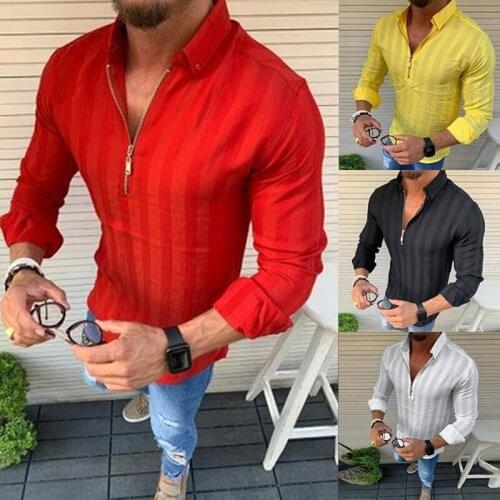 Fashion Shirt Mens Solid Zipper Slim Fit V Neck Tops Vintage Slim Fit Autumn Long Sleeve Muscle Tee T-shirt Casual Tops Blouse