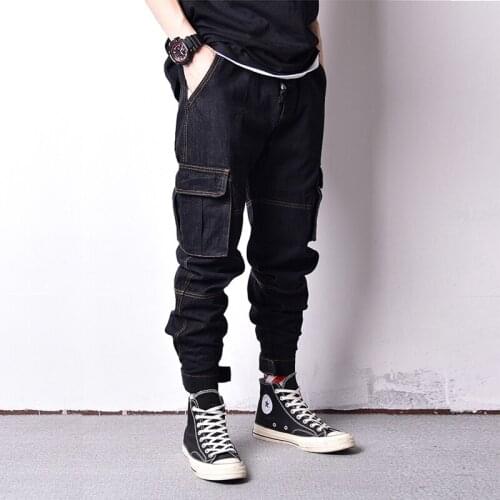 2021 New Style Vintage Design Men Jeans Original Color Spliced Fashion Loose Fit Big Pocket Cargo Pants Hip Hop Jogger Jeans Men