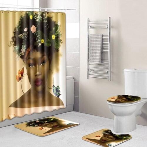 WUJIE Bath Mat Set Toilet-Seat-Cover Africa Girl Pattern Bathroom Rug Waterproof Shower Curtain Screen with Hooks Accessories