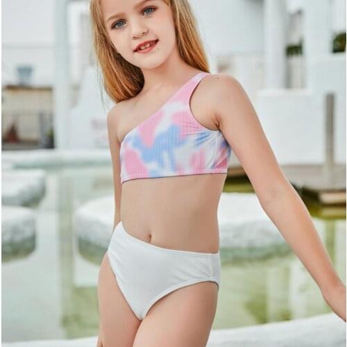 Newest Arrival Kids Girls Cute Two Piece Swimsuit Sets One Shoulder Tie Dye Tank Top+Swim Bottom Beach Swimwear Outfits