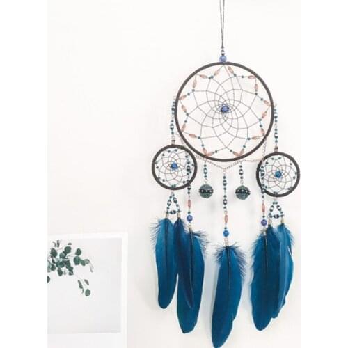 Handmade Blue Feather Dream Catcher Wind Chime 3 Circle Wall Hanging Bells Pendant Ornament for Kids Bedroom Decoration 85DA