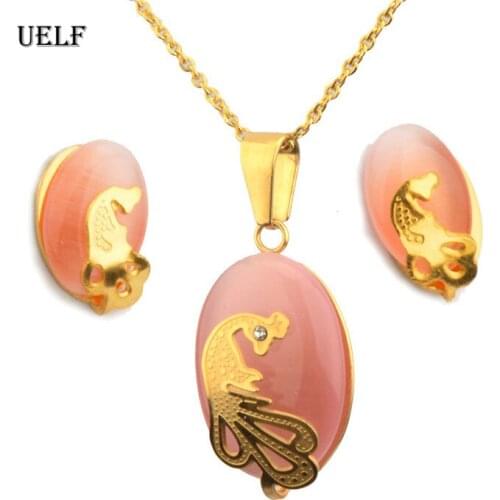 UELF Women Jewelry Set Shiny Water-Drop Shape Rhinestone Necklace Earrings Ring Gift Peacock pink Crystal Korean Jewelry Set
