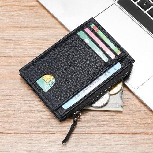 Genuine Leather Mini Ultra-thin Credit Card Holder RFID Anti-magnetic Cowhide Card Holder Zipper Coin Purse with Zipper Pocket