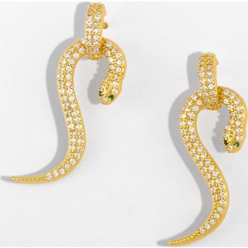 FLOLA Green Eye Snake Drop Earrings For Women Cubic Zirconia Gold Earrings Snake Animal Women Jewelry aretes serpiente ersu02