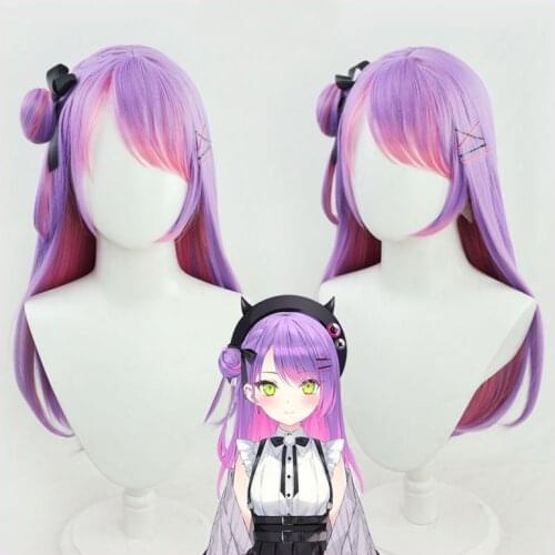 VTuber Tokoyami Towa Wig Bun Hololive Idol Cosplay Girls Purple Mixed Pink Long Straight Synthetic Hair