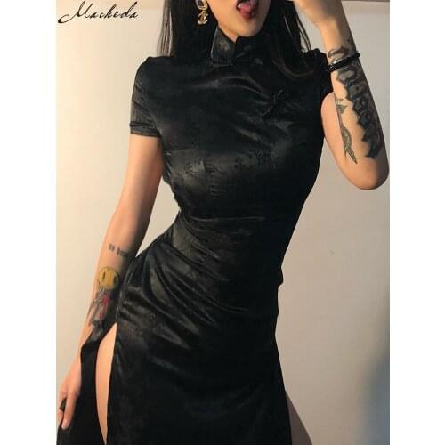 Macheda fashion soft satin Traditional Chinese Dresses black Monochrome printing elegant Sexy Split Banquet Long Qipao woman