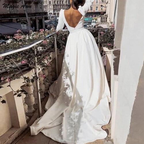Magic Awn Modest Satin Wedding Dresses Long Sleeves Simple Boho A-Line Wedding Party Dress Open Back Country Mariage Gowns