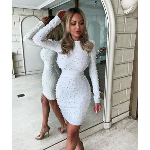 Women Sexy Long Sleeve Beading White Thick Rayon Bodycon Bandage Dress Designer Elegant Slim Party Dress