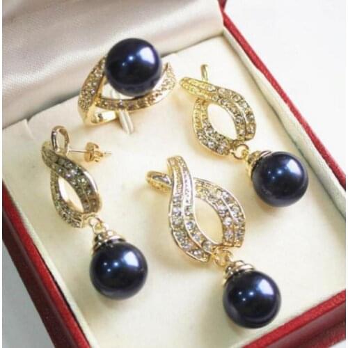1Set AAA 12mm Black Shell Pearl Pendant Necklace Earrings Ring Set can choose