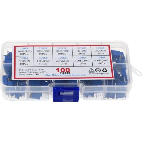 100Pcs 3296W Multiturn Trimmer Potentiometer Kit High Precision Variable Resistor With Box set