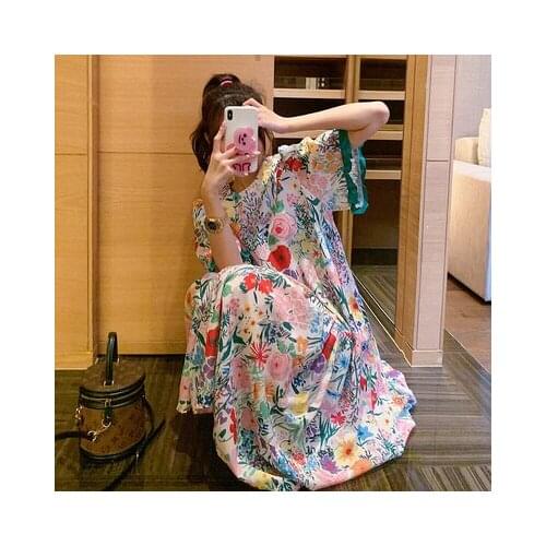 28901# Maternity Clothes Summer Cotton Short Sleeves Loose Floral A Line Dress Pregnant Women Mom Dress