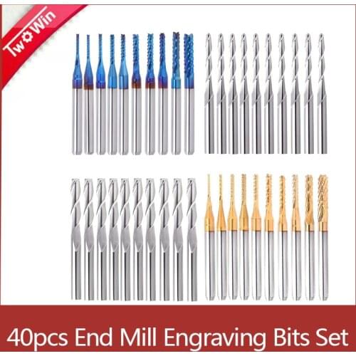 40pcs End Mill Engraving Bits Set 1/8" Shank Nano Blue Coat CNC Router Bits Cutting Milling Tool 3.175mm Engraving Cutter